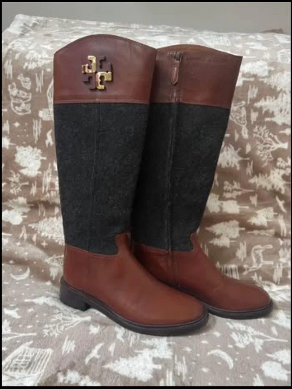 Tory Burch Brown Leather and Gray Wool  Boots